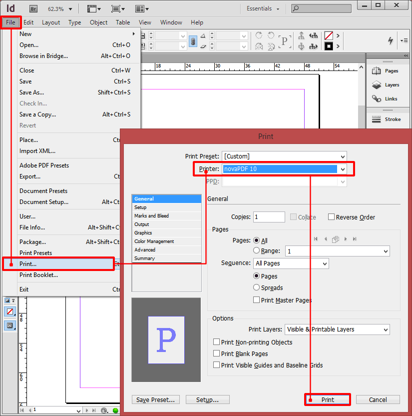 Print PDF Adobe InDesign novaPDF