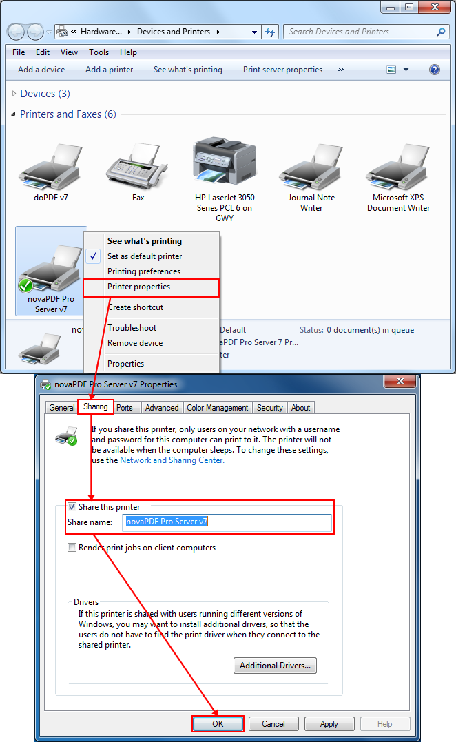 Shared printer. Devices and Printers. Install Printer Driver. Drive Server for Printer.