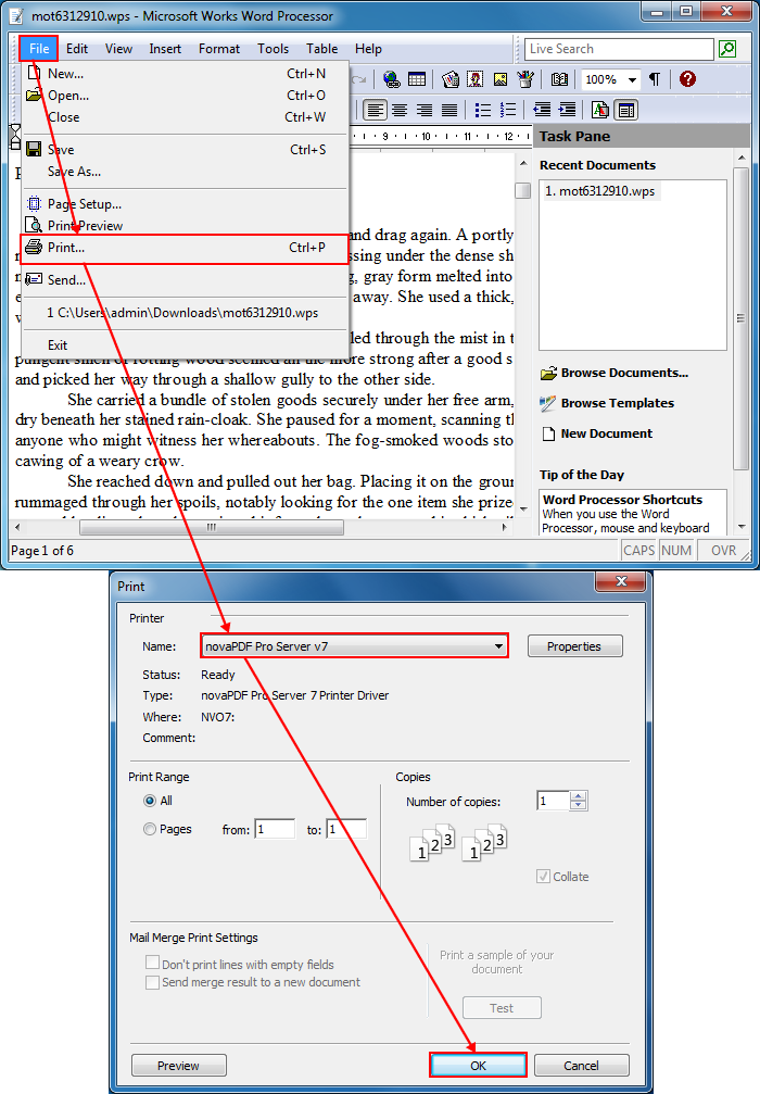 Create a PDF file from a Microsoft Works document - novaPDF